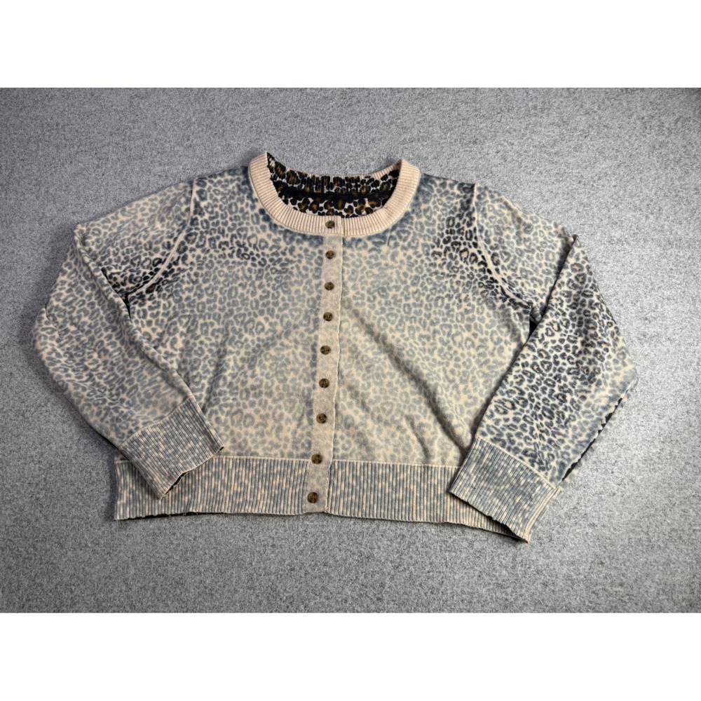 Womens Leopard Print Button Front Cardigan Sweater Grey Beige Animal Print L